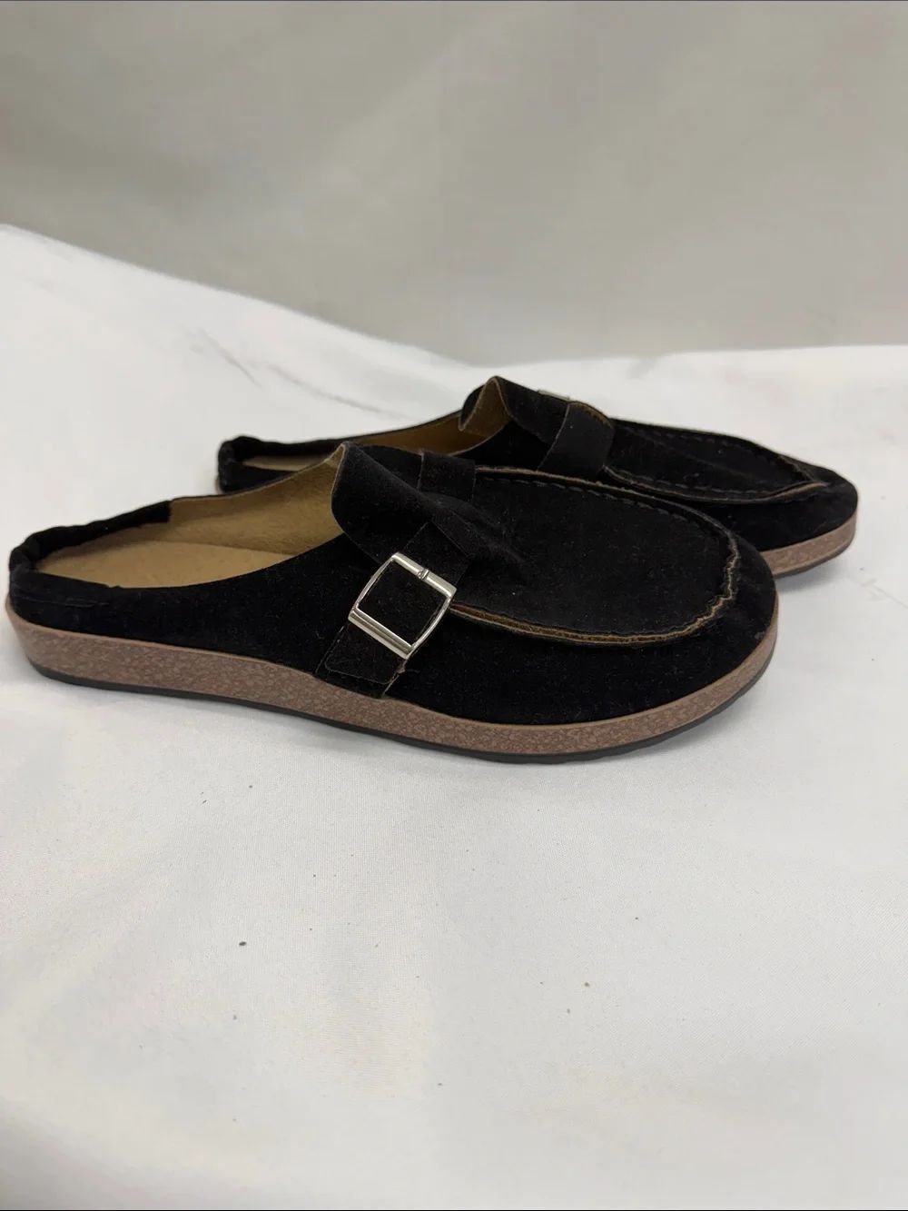 Black Suede Slip-On Mule with Buckle